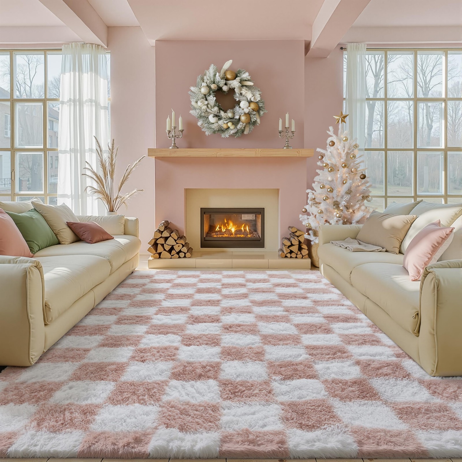 Checkered Rug 8×10 for Living Room, Pink and White Modern Shag Rugs Super Sof…