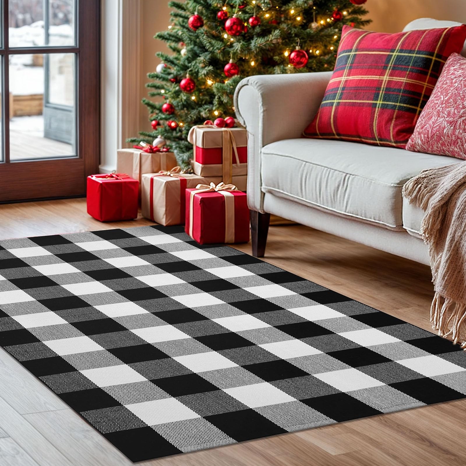 Buffalo Plaid Area Rugs 3×5 Ft Black and White Checkered Rug Washable Front D…