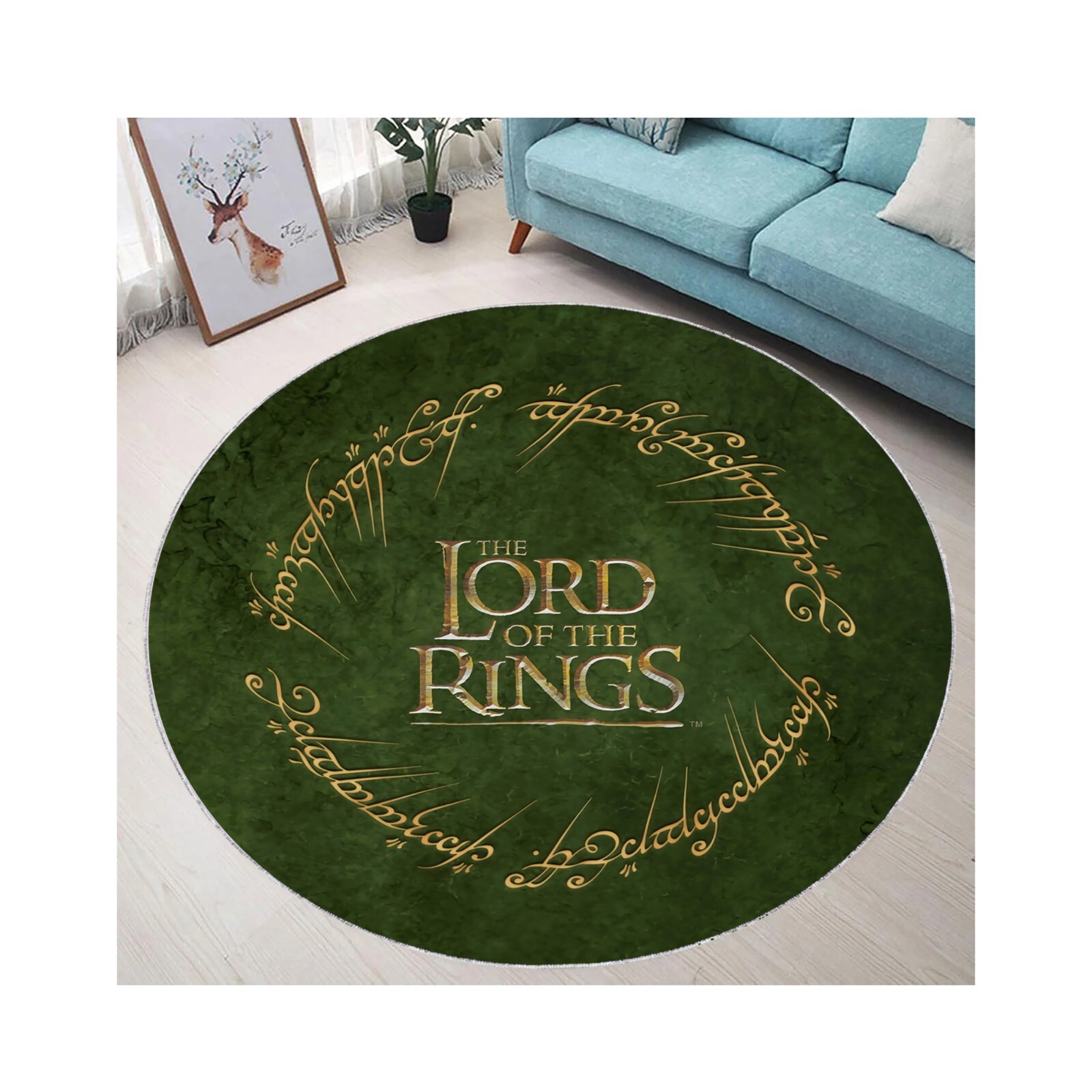 Lord Of The Rings Rug, Fantasy Round Carpet, Green Elvish Mat, Middle Earth Deco