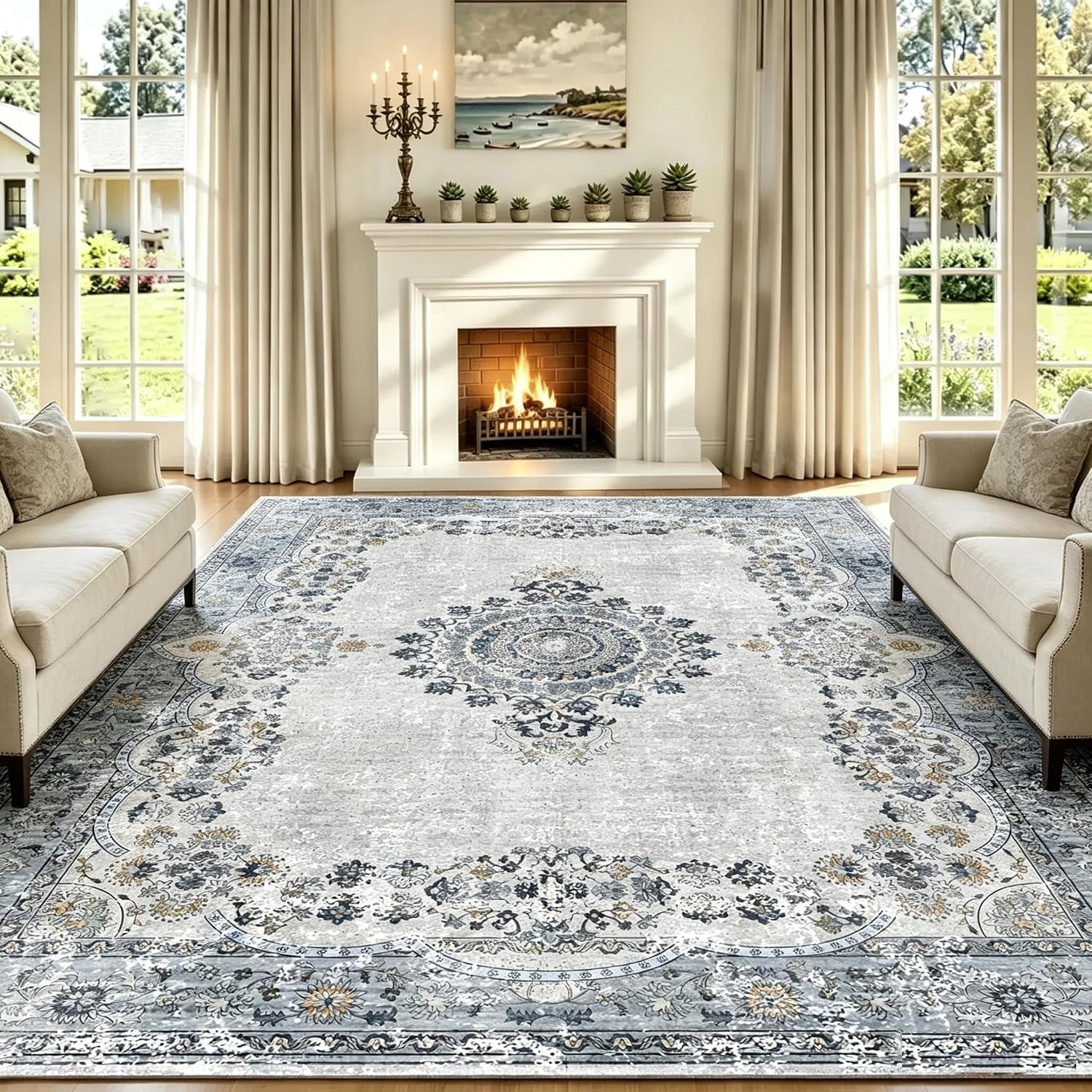 8X10 Area Rugs for Living Room, Non-Slip Washable Neutral Rug, Soft Thin Low Pil