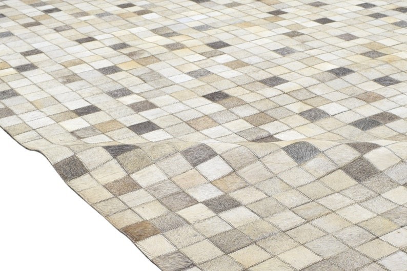 Handmade Cowhide Patchwork Rug Grey & White Hair-On Leather Carpet Modern Rugs