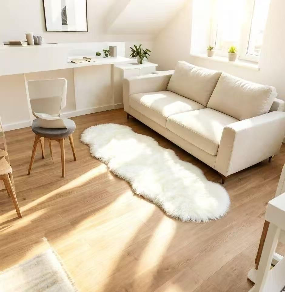 Faux Fur Sheepskin Runner Rug White 2X6 Ft Ultra Soft Shaggy Plush Fluffy Fuzzy