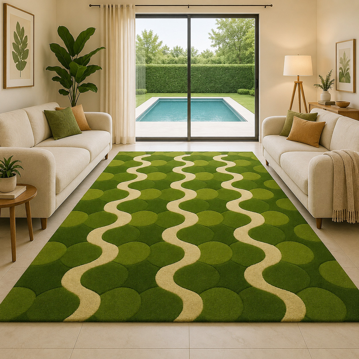 Modern Green Round Area Rug – Abstract Wave Pattern Circular Carpet