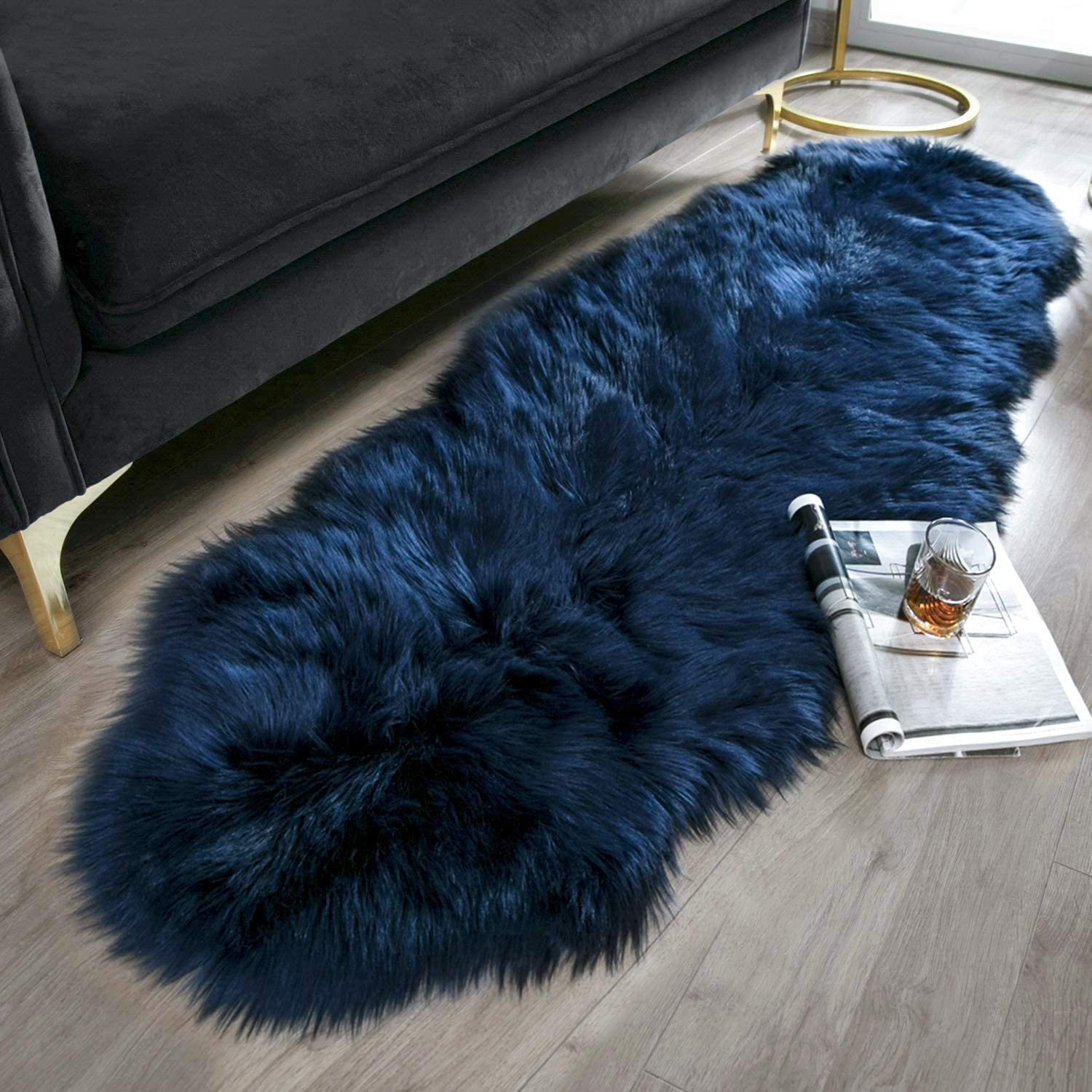Ashler Faux Fur Rug, Dark Blue Area Rugs, Fluffy Sheepskin Fur Rug, Fuzzy Ultra