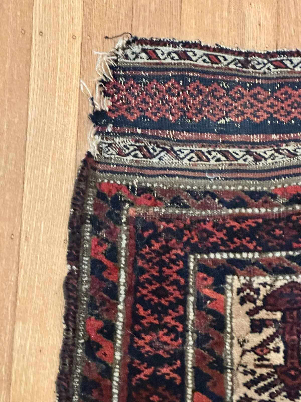 Area Rug. Afghan Early 20th Century. Cream, Dark Blue, Red. 50 1/2″ x 31 “