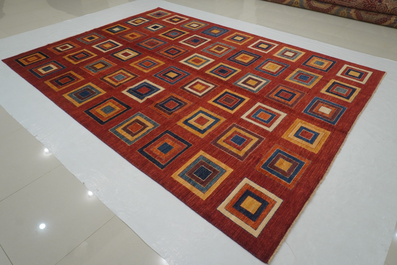 8×11 ft Red Checkered Gabbeh Afghan Hand Knotted Mid Century Area Rug