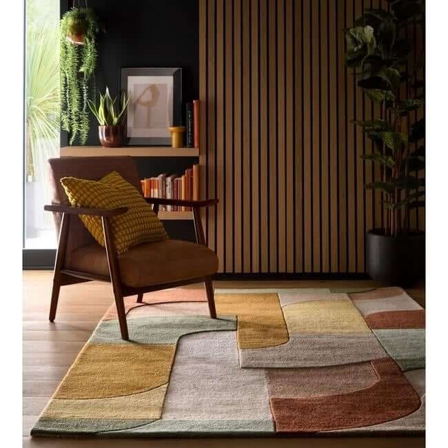 Mid-Century Modern Curved Abstract Rug 6*9 Handmade Rust & Olive for Living Room