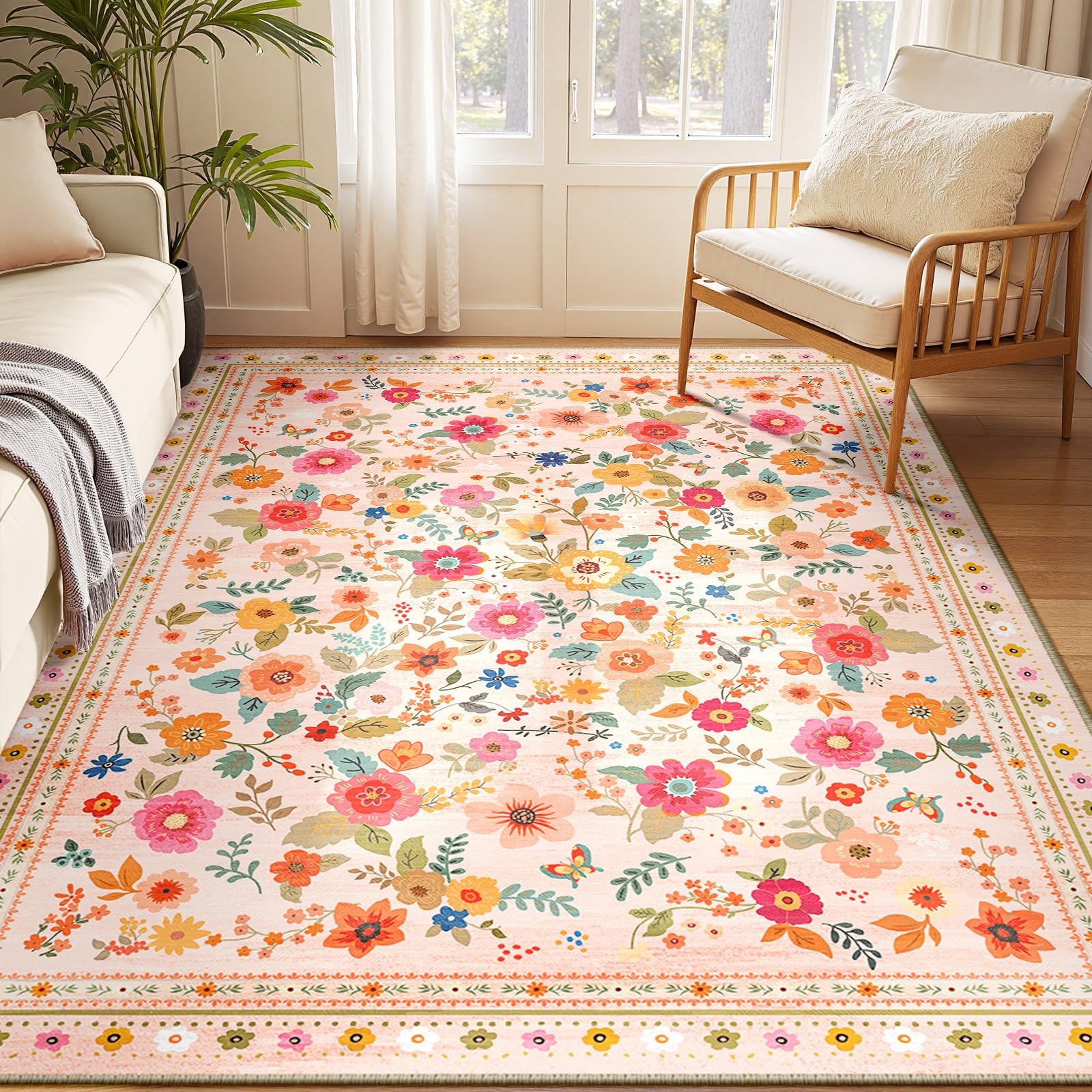 5×7 Area Rugs for Living Room Vacuum-Friendly Machine Washable Area Rug Flowe…