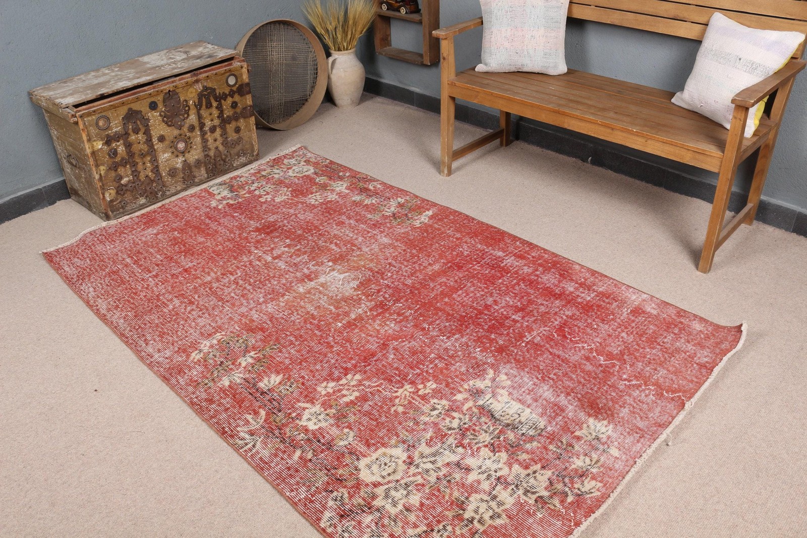 Vintage Turkish Rug, 4,4×7,3 ft Area Rug, Red White Striped Rug
