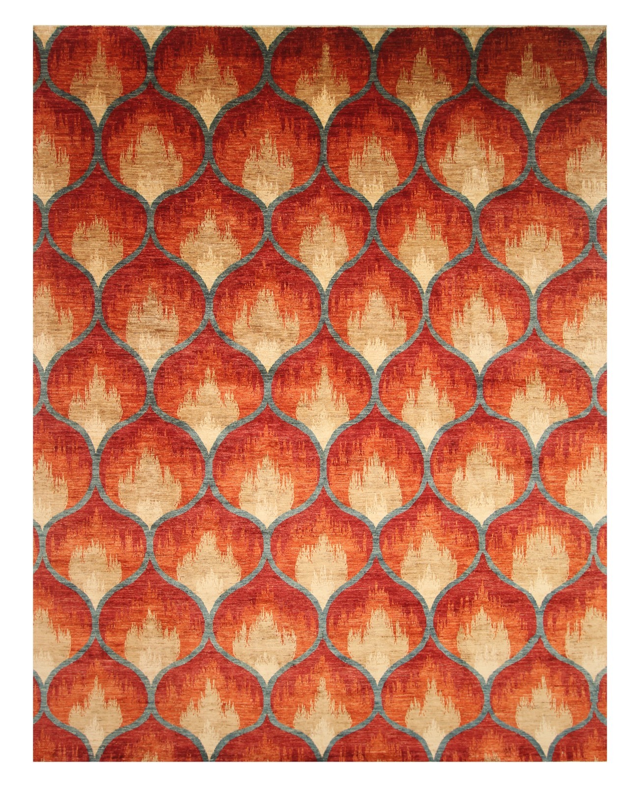 9×12 Rust Orange Ikat Afghan Hand Knotted Wool Area Rug