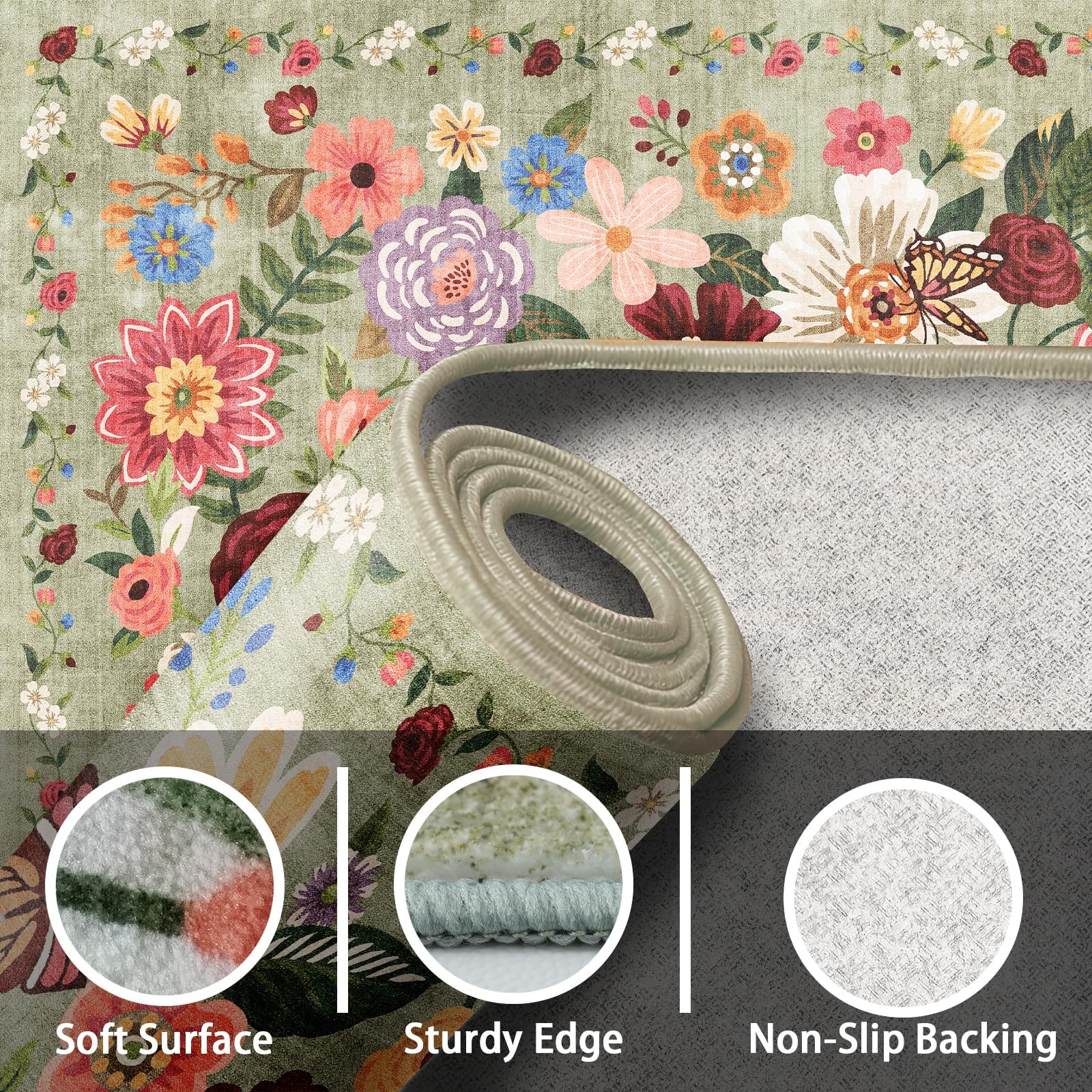 Floral Rug for Entryway, Green 2X3 Washable Kitchen Mat Ultra-Thin Soft, Non-…