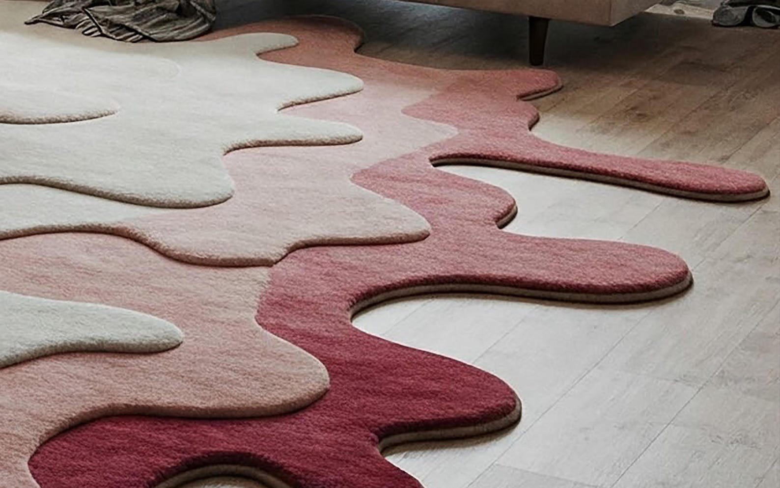 Irregular Shape Abstract Modern Area Carpet Pink Beige Hand Tufted Wool Rug