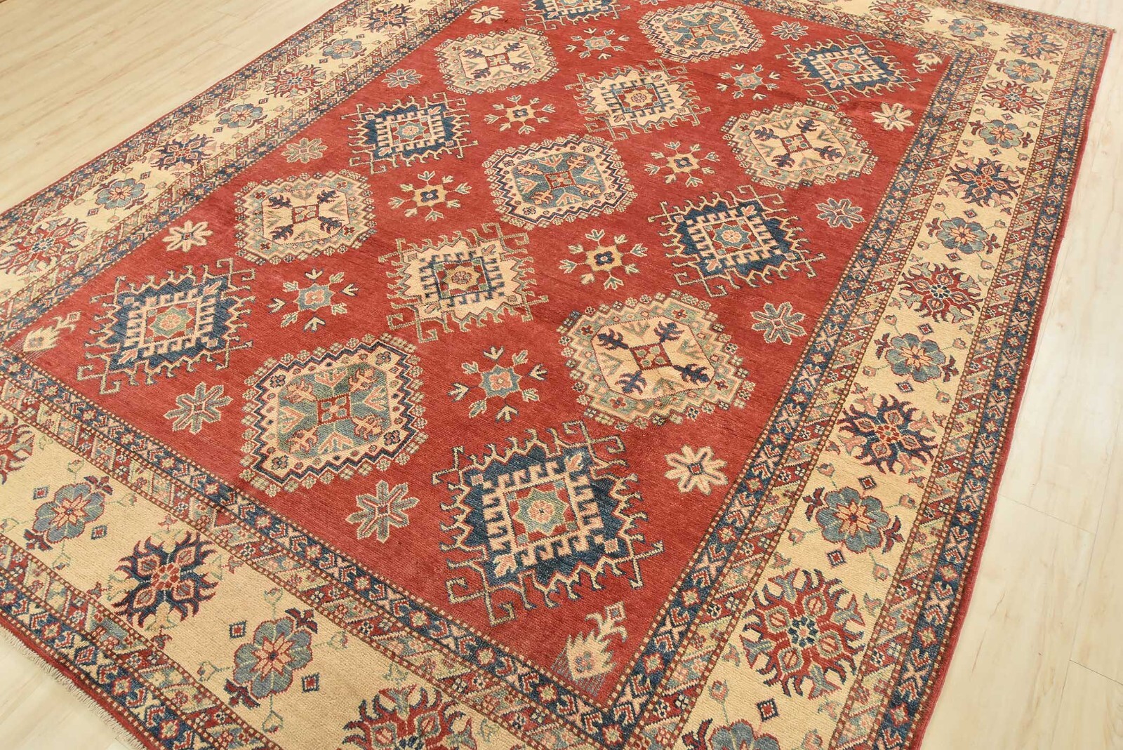 Geometric Kazak Carpet 8’3” x 10’11” Red Wool Tribal Hand-Knotted Oriental Rug