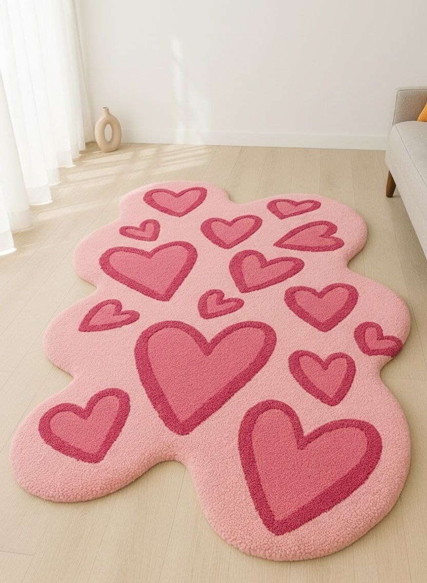 Handmade Pink Heart Rug Tufted Cute Blob Shape Small Area Carpet – 2×3 ft