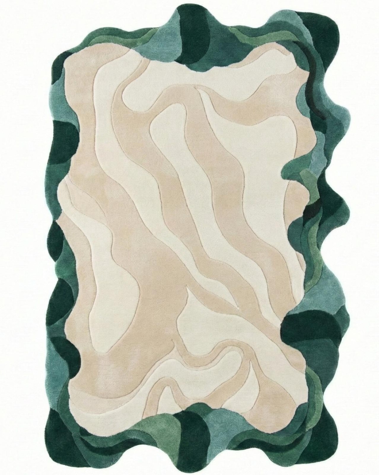 Wavy Green Beige Hand Tufted Rug, Handmade Wool Rug, Irregular Shaped Contempora