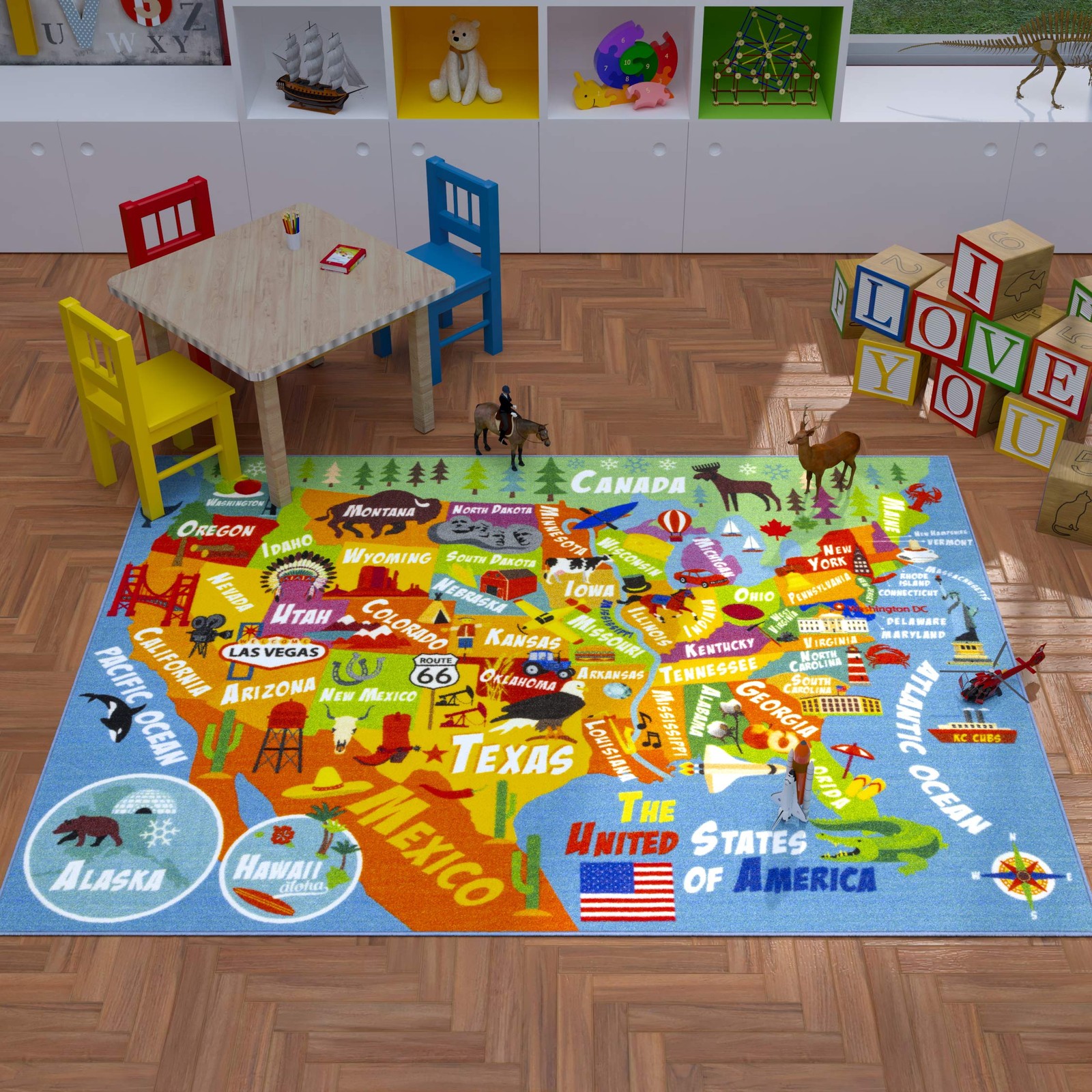 Kc Cubs 5X7 Usa United States Map Toy Car Road Rug Educational Play Mat Carpet