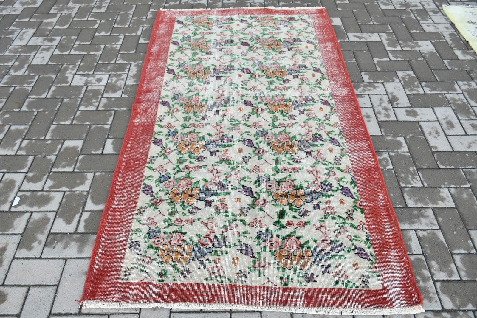 Turkish Vintage Rug 3,8×6,6 ft, Red Area Camouflage Wool Rug