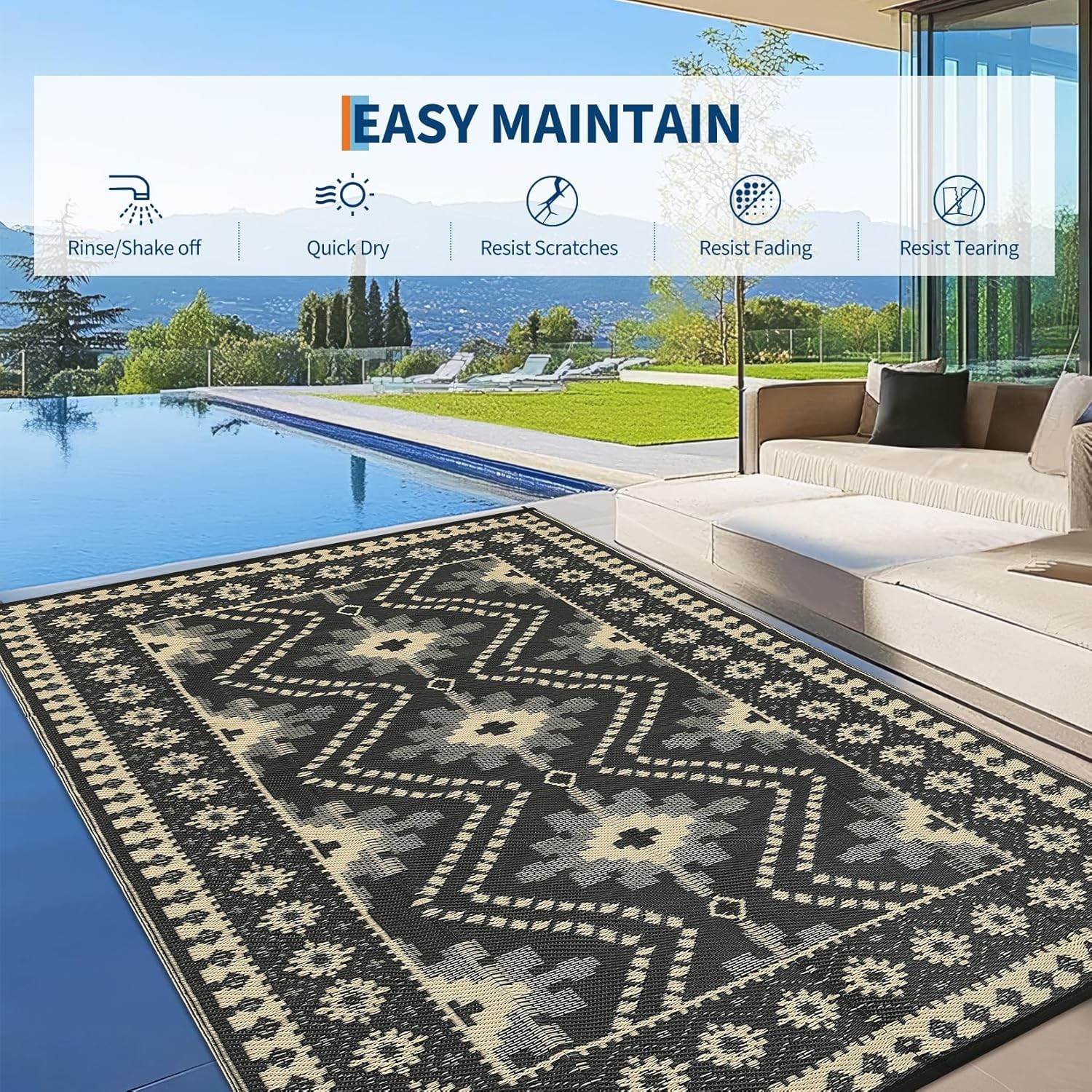 Outdoor Rug Waterproof for Patio, 8×10/9×12/9×18′ Reversible Plastic Straw Rug