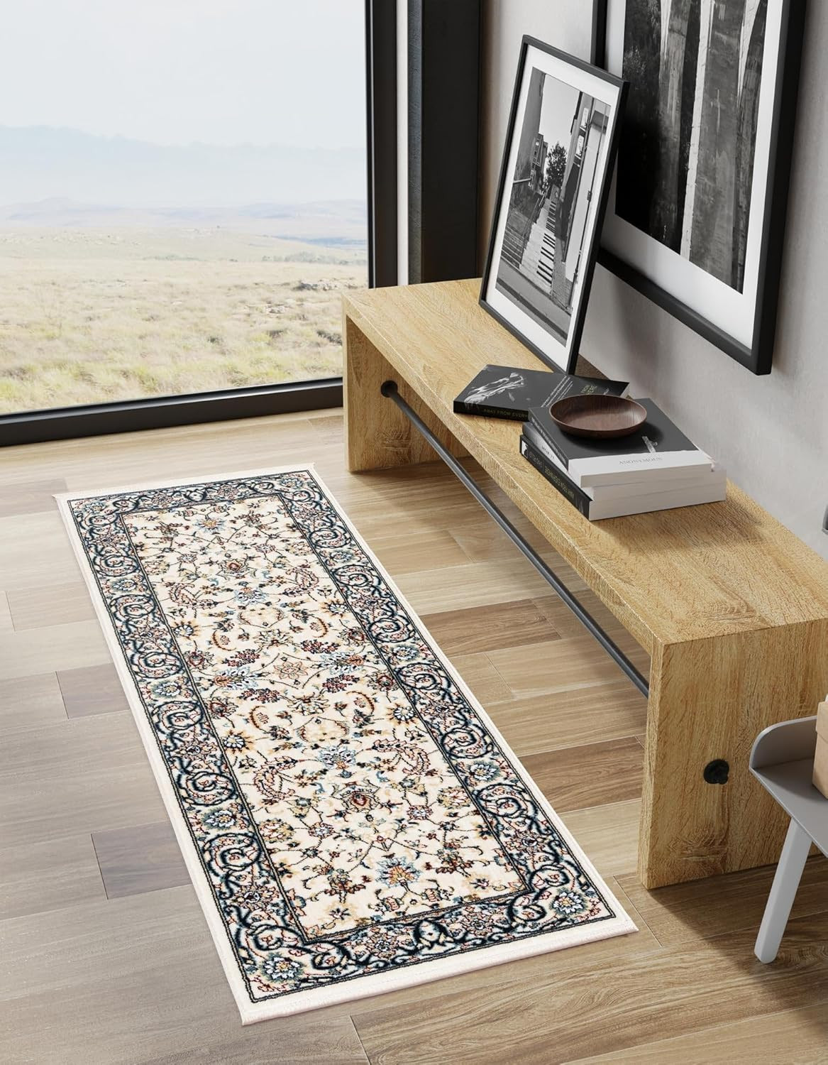 Narenj Collection Ivory/Blue Runner Area Rug – 2′ x 6’1
