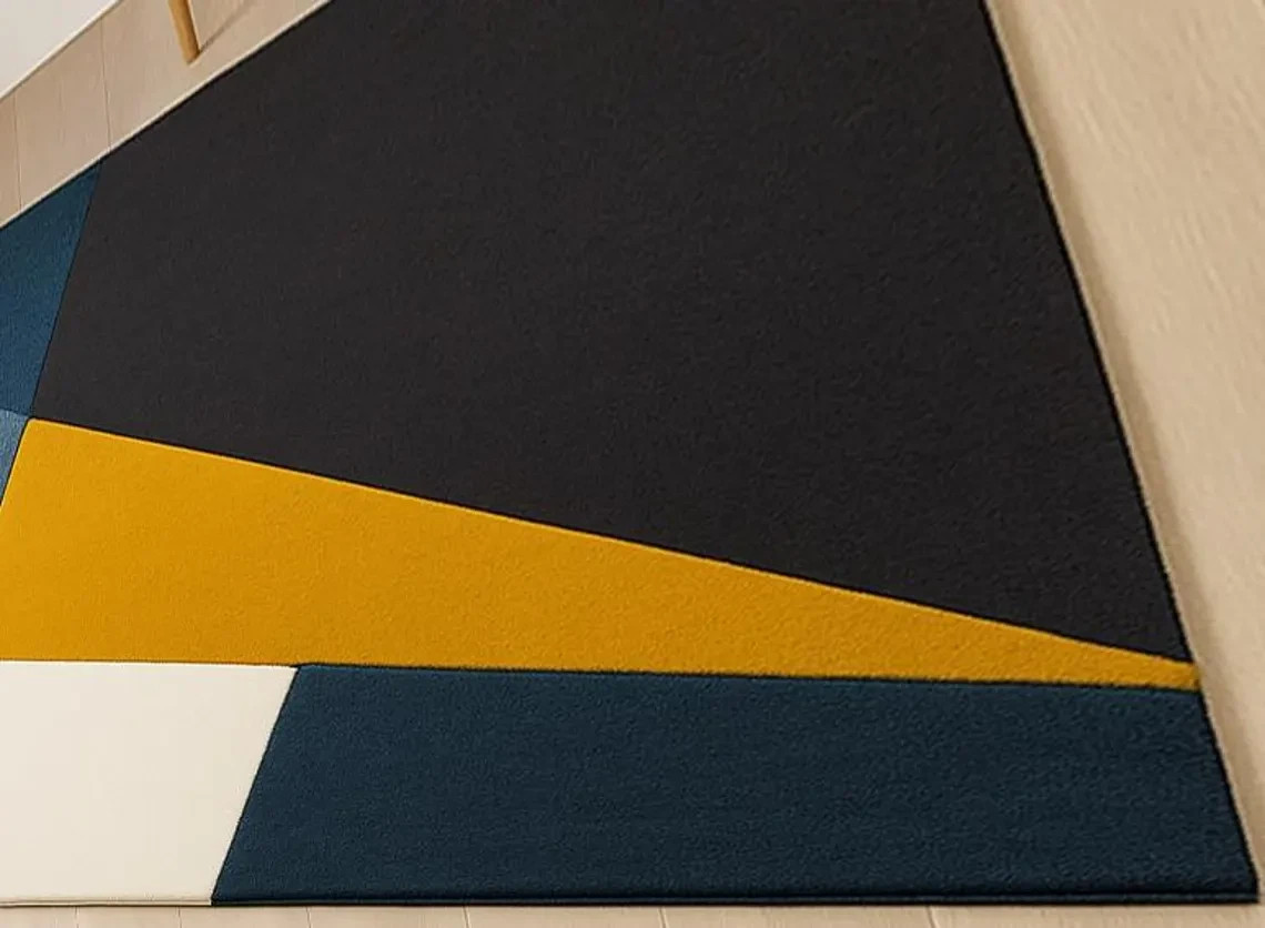 Geometric Wool Area Rug, Navy, Mustard, Cream, Hand-Tufted Area Rug Carpet.