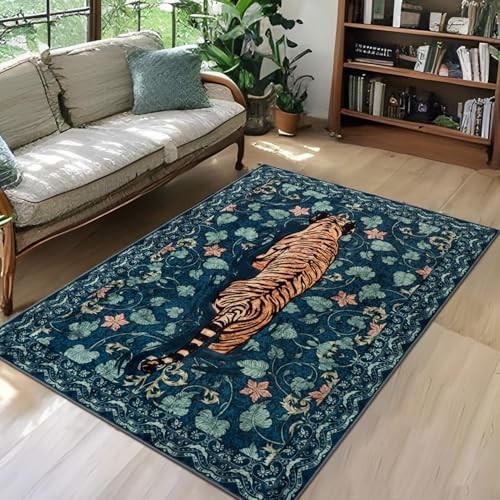 Tiger Print 5X7 Washable Rug for Living Room, Boho Green Cheetah Bedroom Area Ru