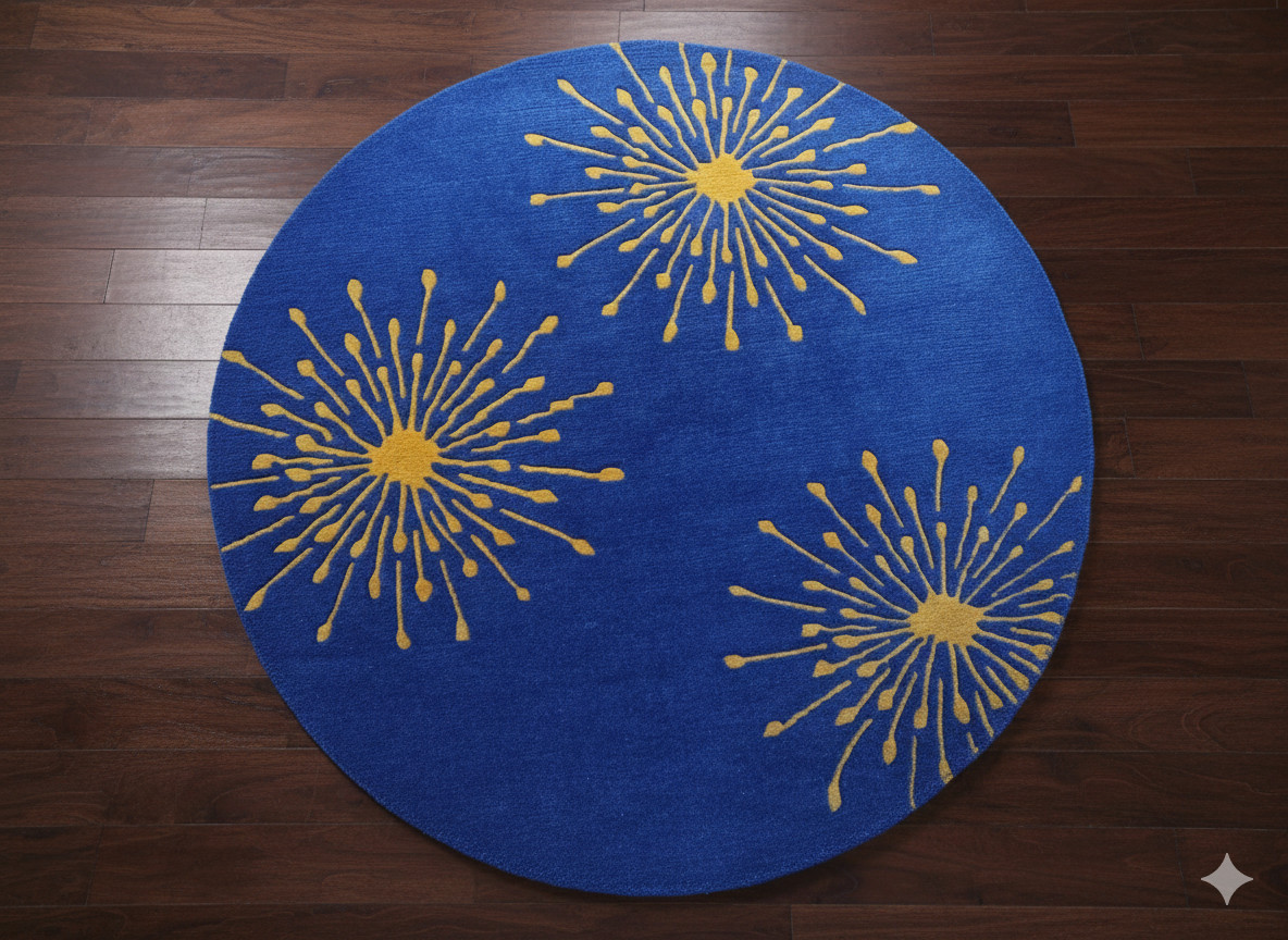 Modern Round Rug 100cm Blue Yellow Hand Knotted Nepal Wool Carpet 60 Knot 3.3ft