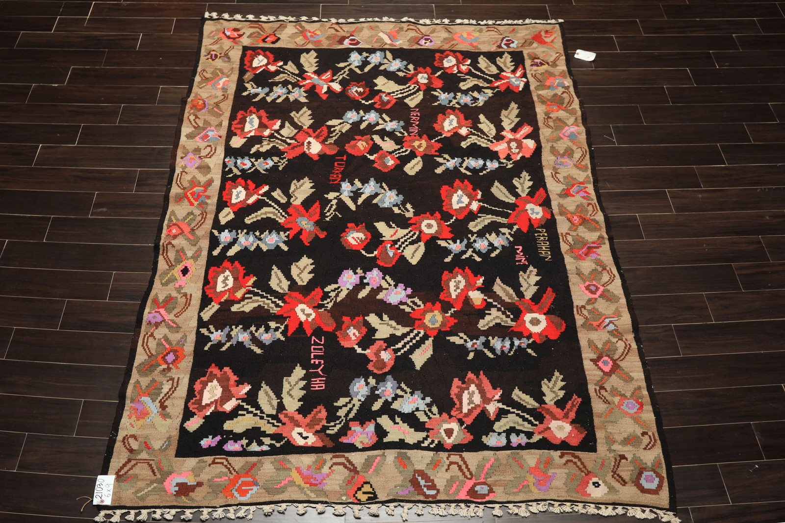 6×9 Hand Woven Wool Charcoal Anatolian Kilim Traditional Floral Vintage Rug