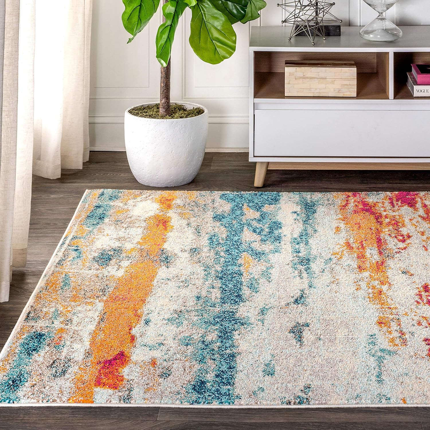 Modern Abstract Brushstroke Cream/Blue 5×8 Indoor Area Rug – Easy Clean, Pet Fri