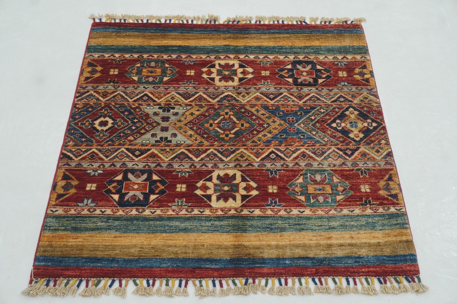 3×3 ft Red Khorjin Afghan Hand Knotted Wool Tribal Small Square Rug