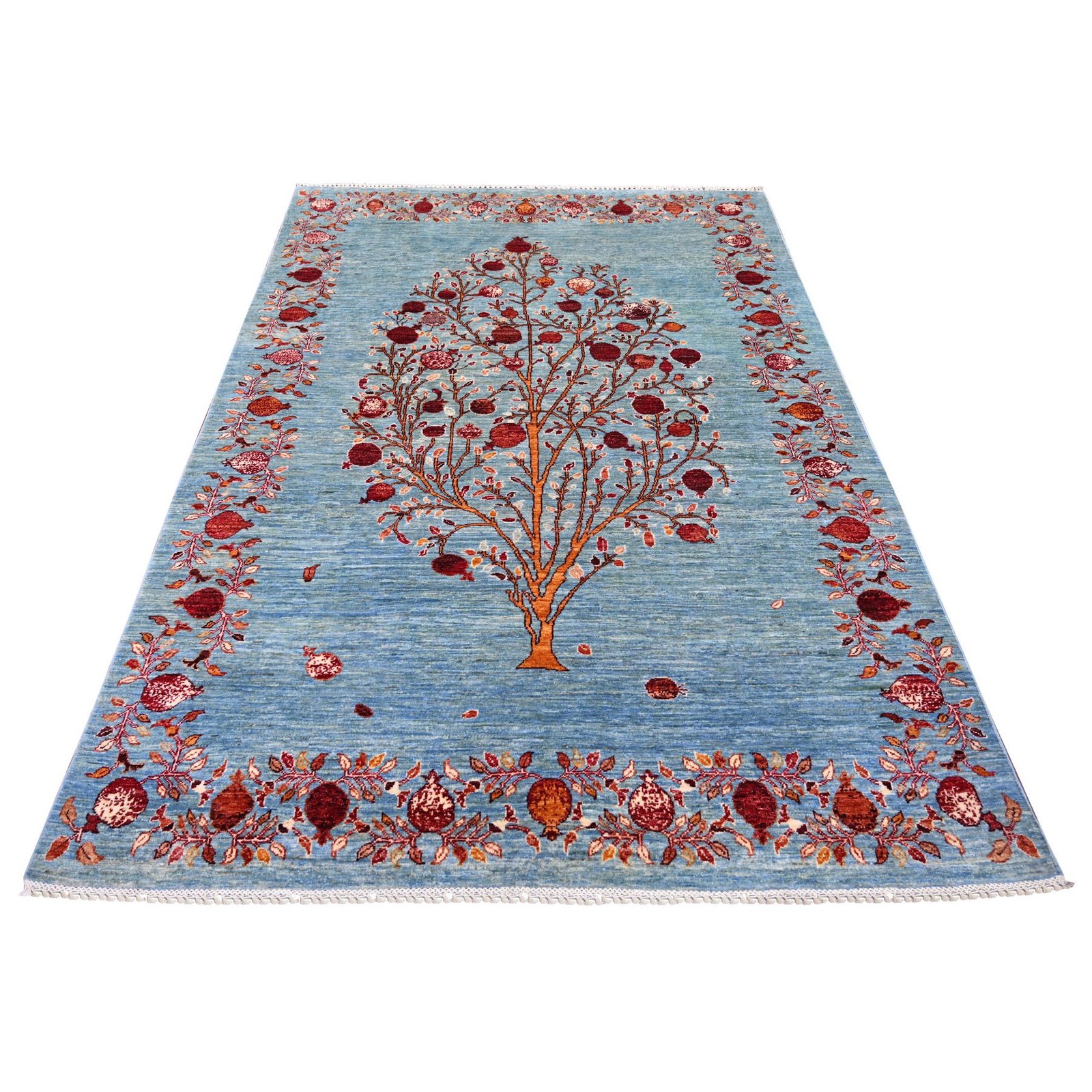 5’9″x7’10” Blue Hand Knotted Afghan Sultani Pomegranates Design Wool Rug 22964