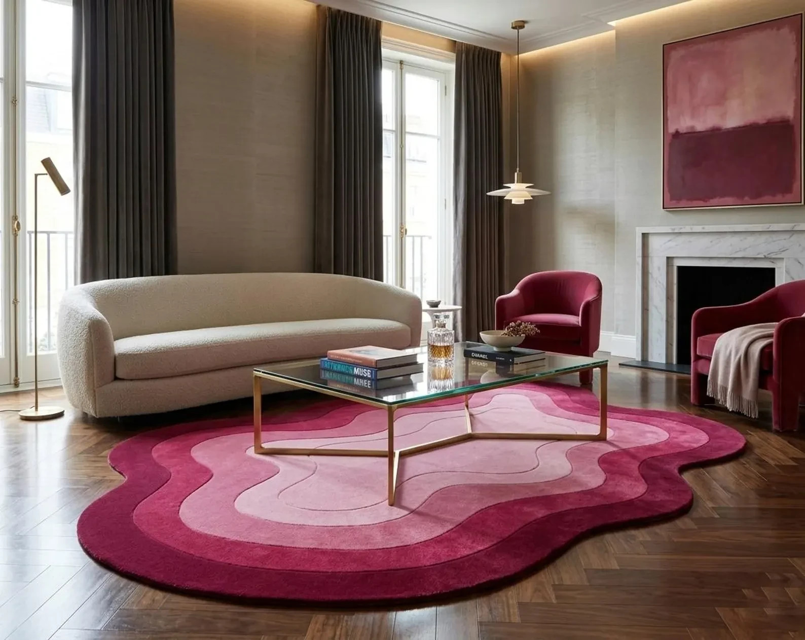 Abstract Wavy Pink Rug, Irregular Shape Tufted Carpet Modern Bedroom Living Room