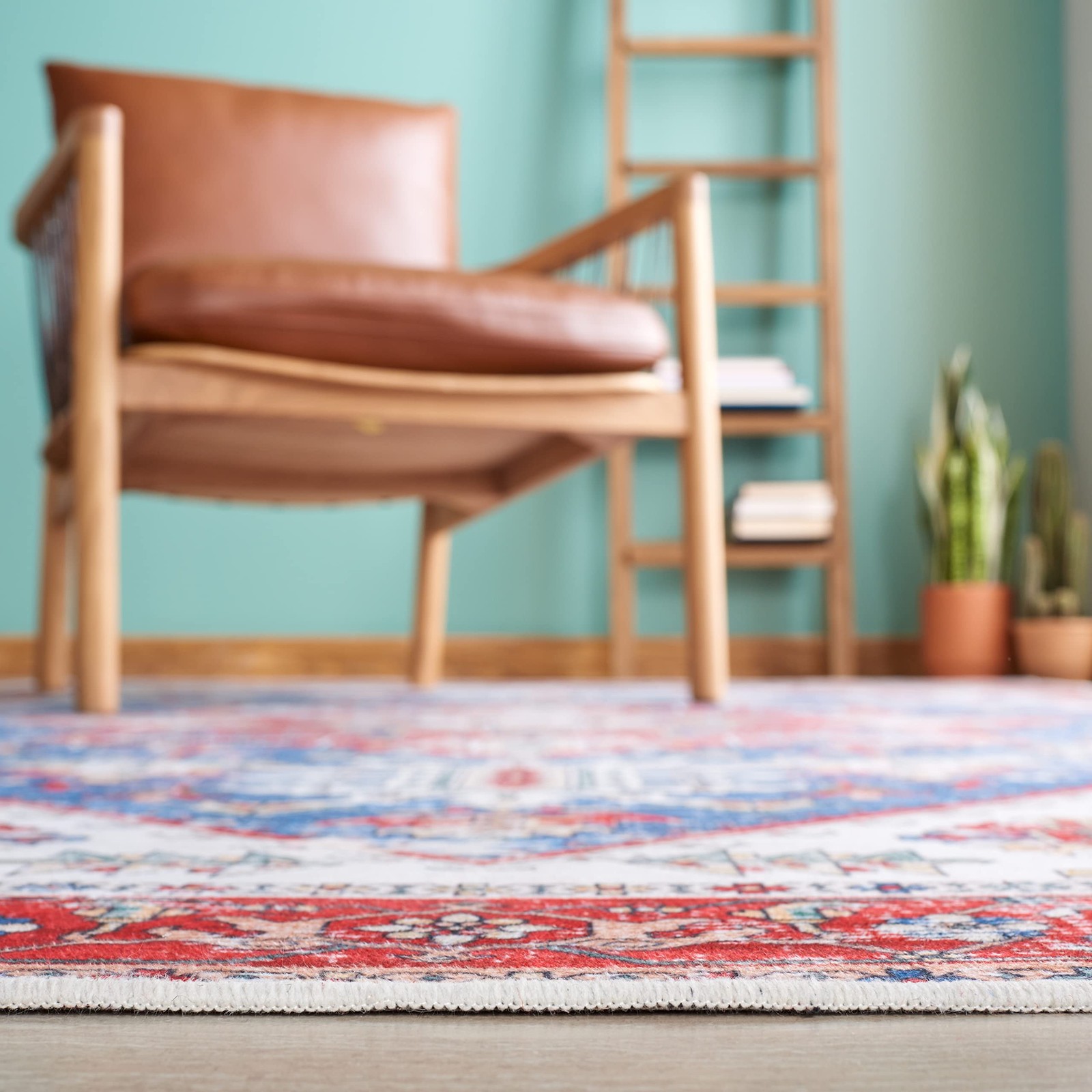 Washable Rug Tucson Collection – 4′ Square, Blue & Red, Slip Resistant & Easy…