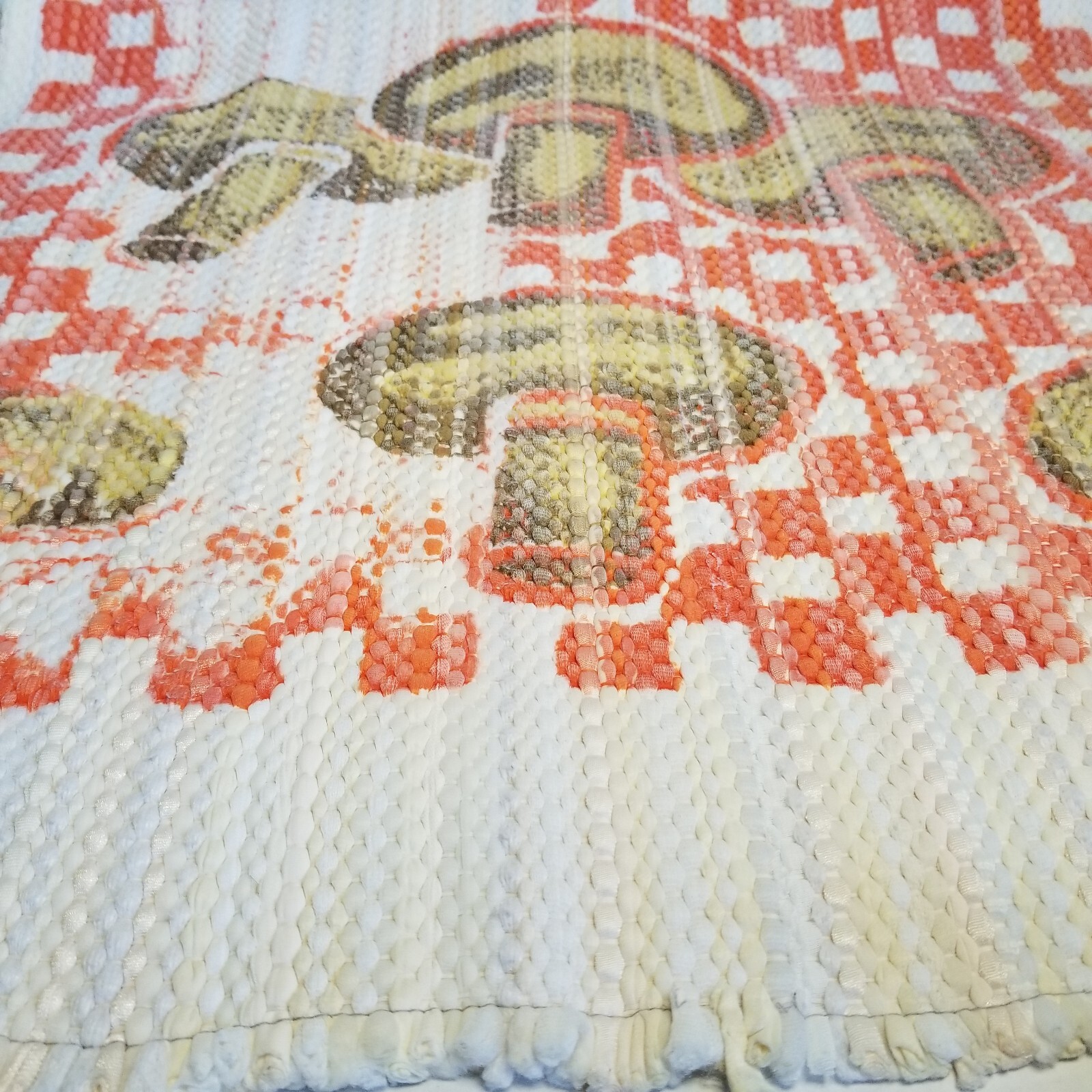 1970s Mushroom Rug 42″×23″ Woven Distressed Checkered Vintage