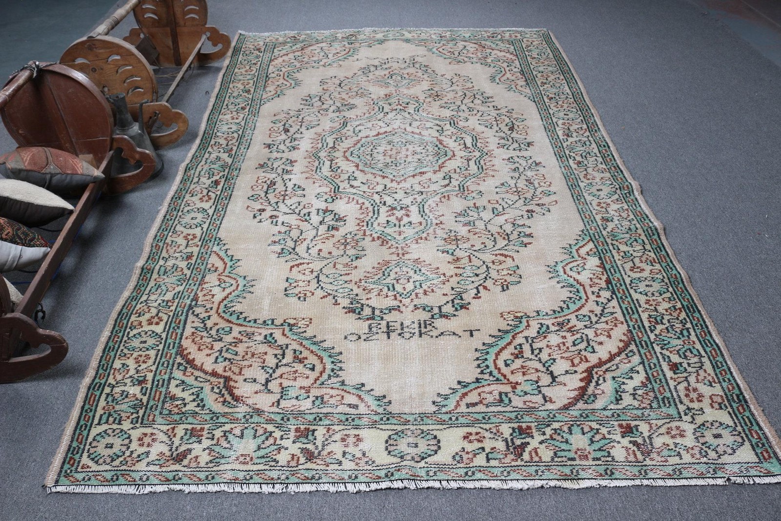 5,9×9,9 ft Vintage Turkish Rug, Large Rug, Green Brown Bordered Wool Rug