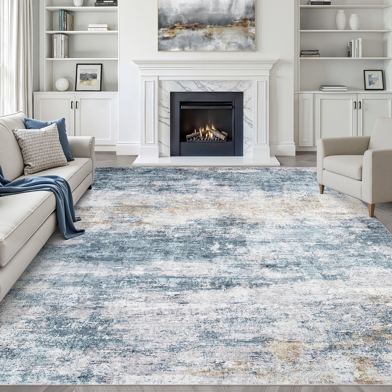 8×10 Area Rugs Living Room Washable Large Neutral Rug Abstract Soft Modern Stain