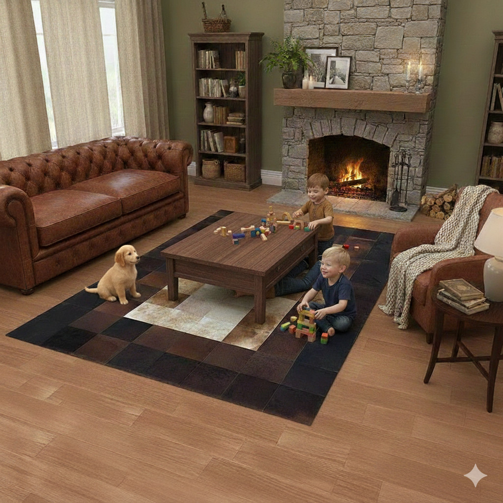 Modern Cowhide Patchwork Rug Handmade Leather Area Carpet for Living Room Brown