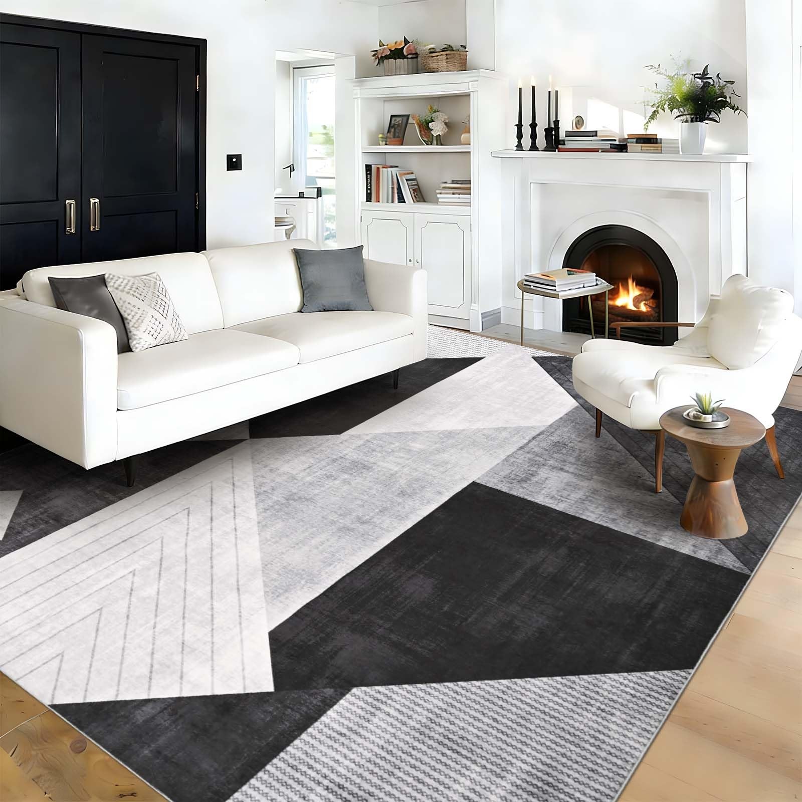 Modern Geometric Area Rug 5×7 Grey Black Low Pile Non-Slip – Washable