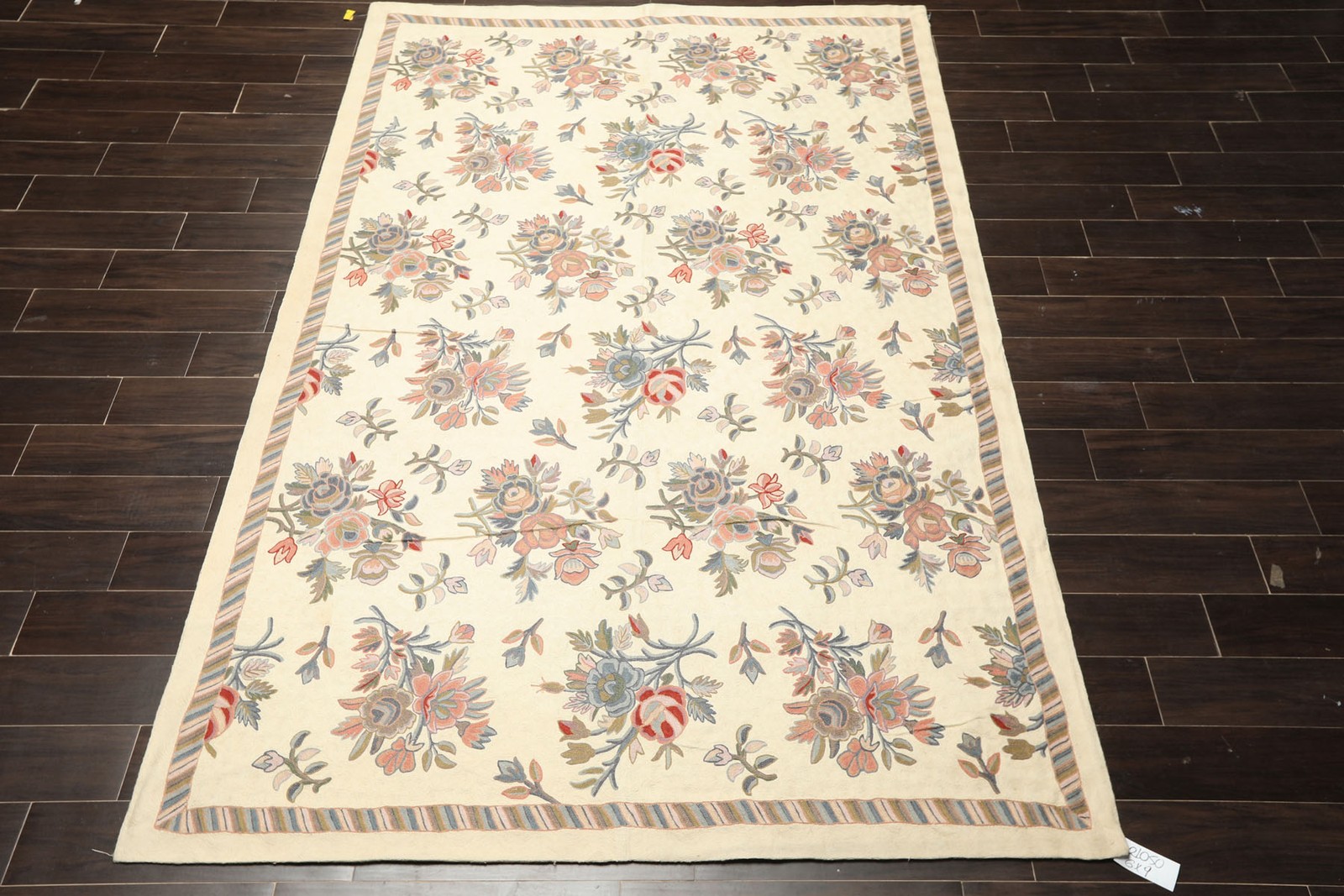 6×9 Hand Woven Wool Ivory, Blue Chainstitch Needlepoint Traditional Floral Rug