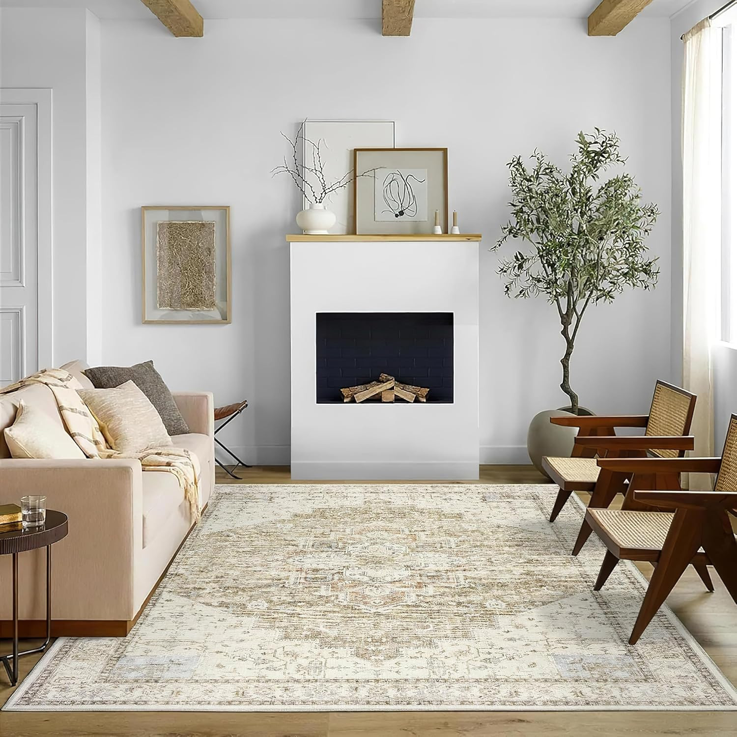 Modern Farmhouse 8×10 Area Rug – Easy Clean Rustic Earth Tones