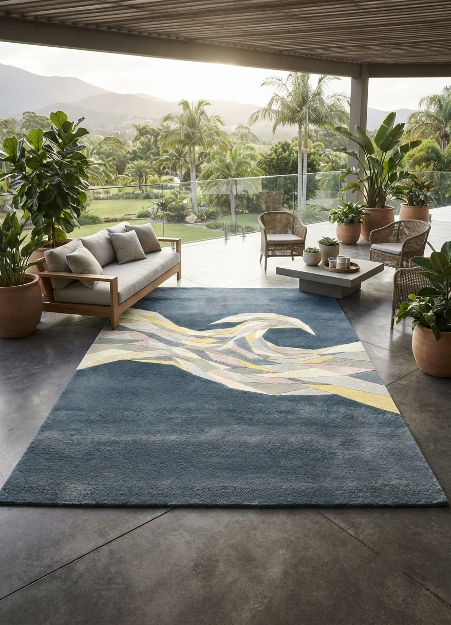 Hand Tufted Wool Area Rug Modern Abstract Blue Ivory Yellow Geometric Carpet