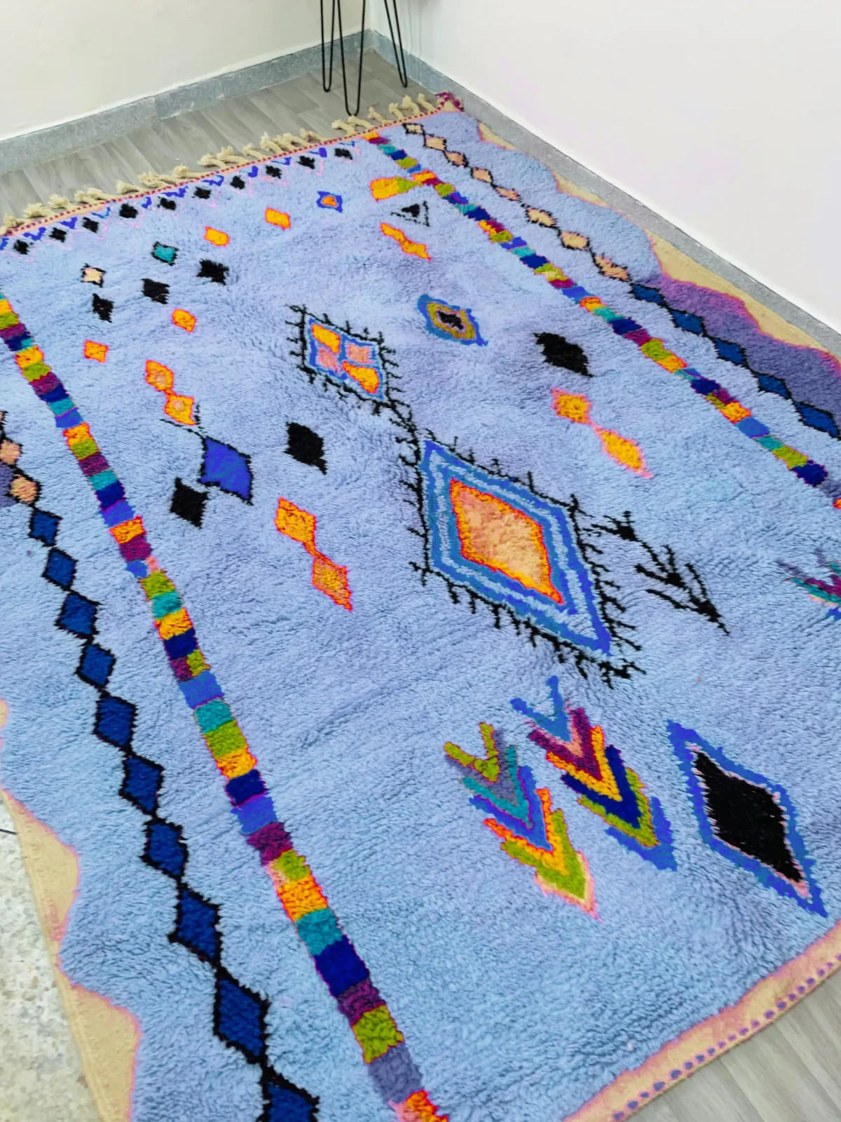 Blue Moroccan Beni Ourain Wool Rug 8×10 Hand-Knotted Boho Carpet Living Room