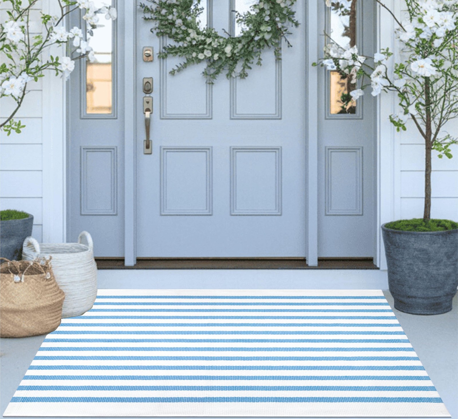 Striped Area Rug 27.5″x43″,Light Blue and White Farmhouse Front Porch Rug Cot…