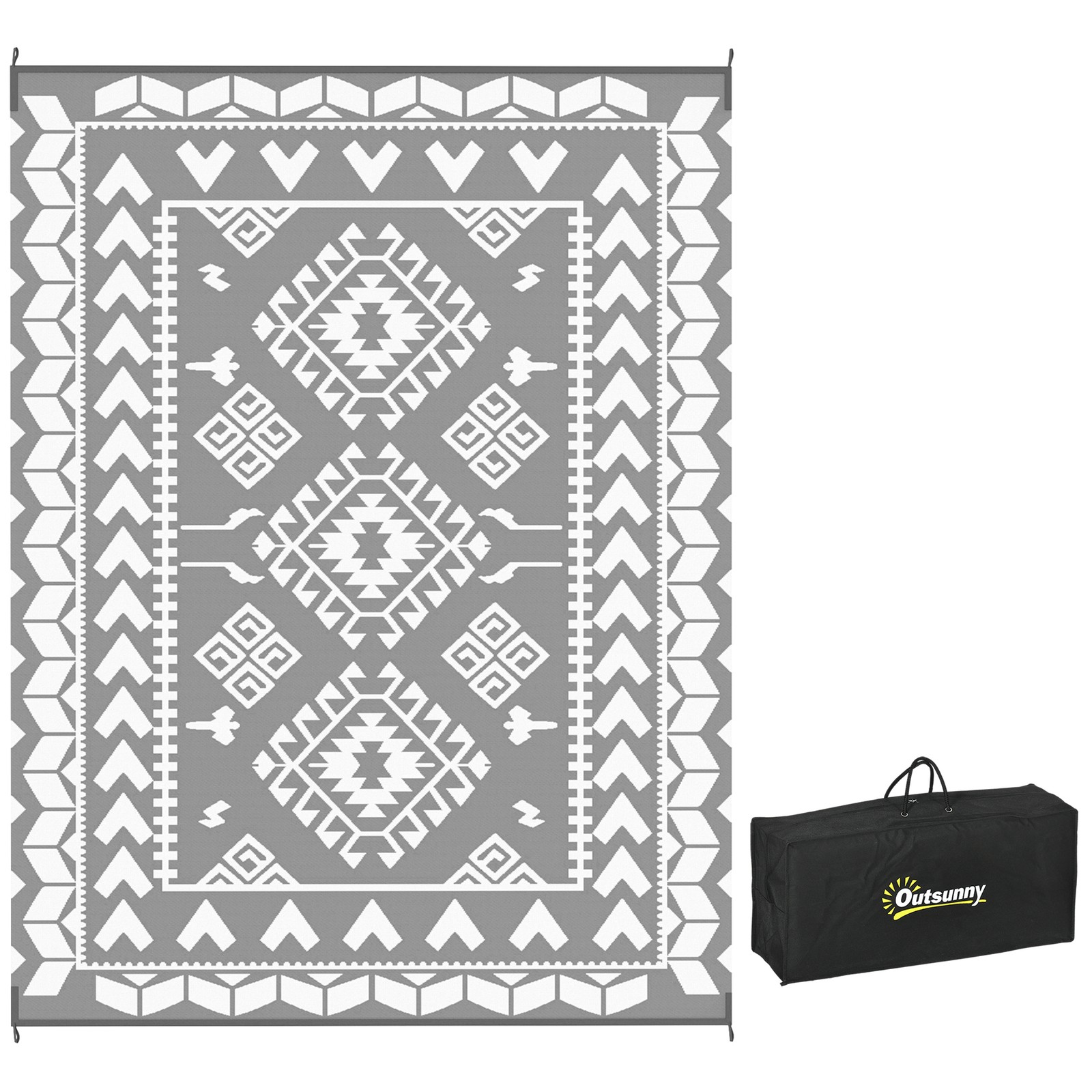 Outsunny Outdoor Rug, 9′ x 12′ Floor Mat, Gray White Rhombus Patchwork