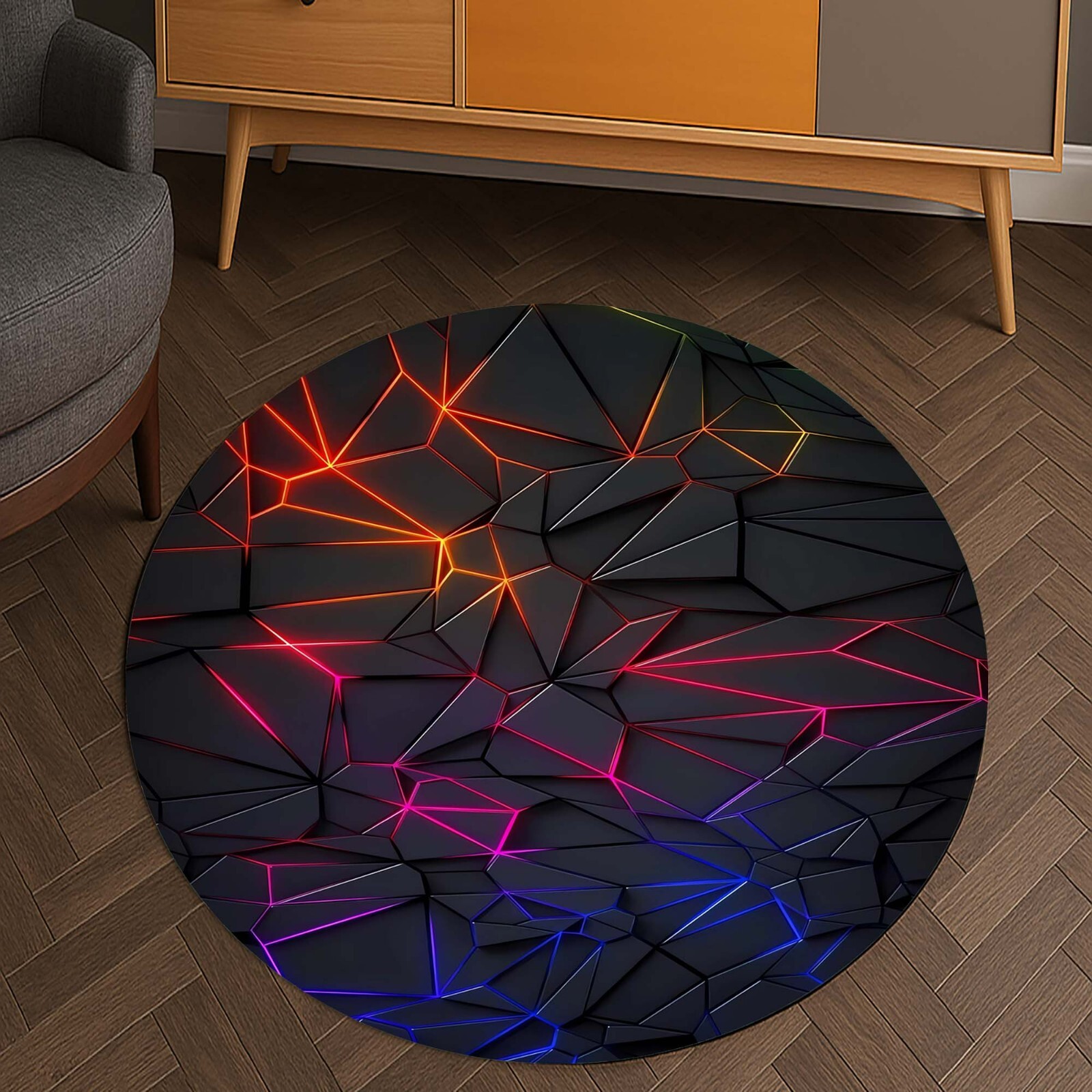 Geometric Round Rug, Futuristic Floor Mat, Neon Glow Rug, Abstract Art Rug