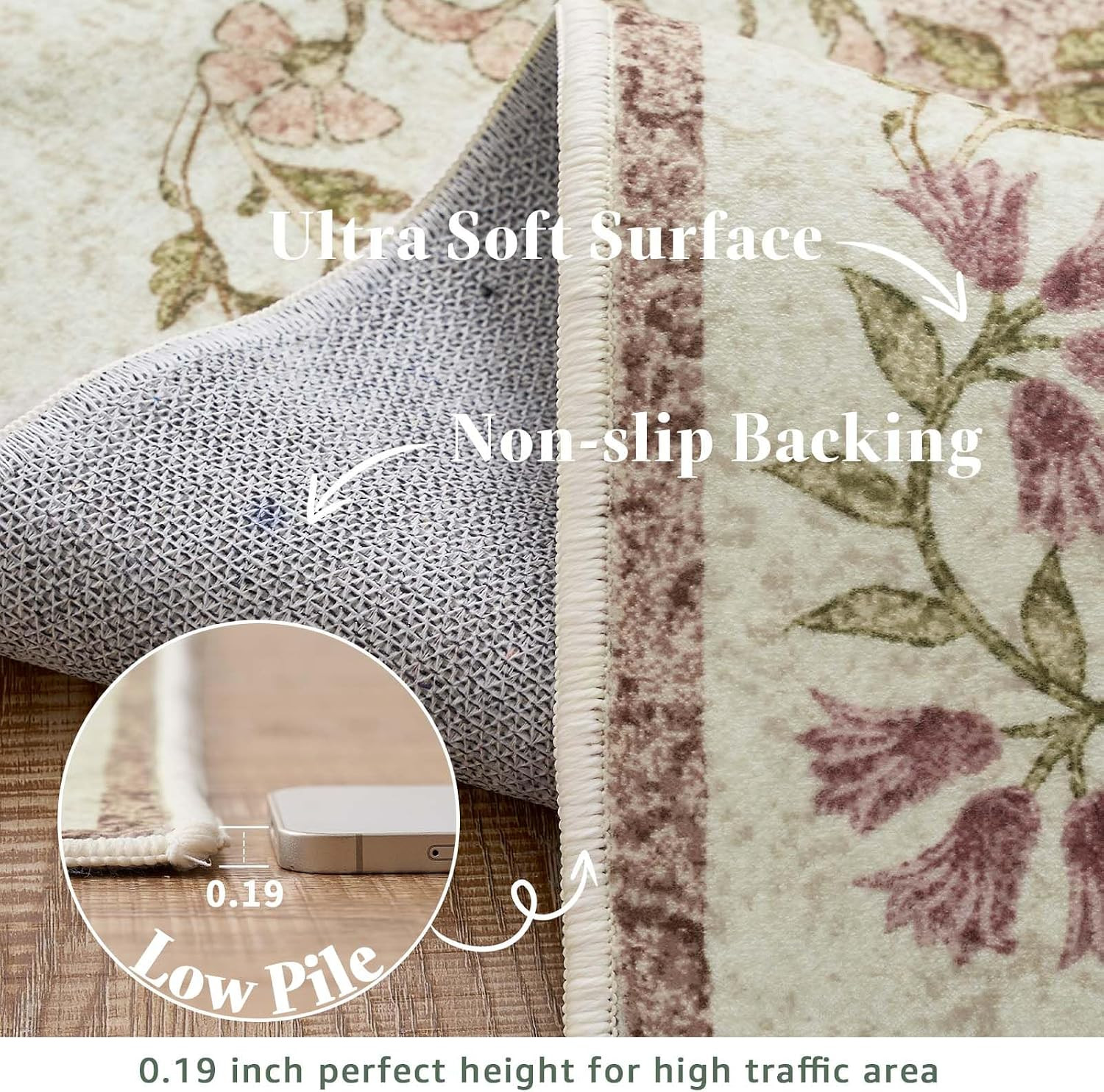 jinchan Zenith Floral 2×3 Rug for Entryway Kitchen Rug Washable Non-Slip Low-Pil