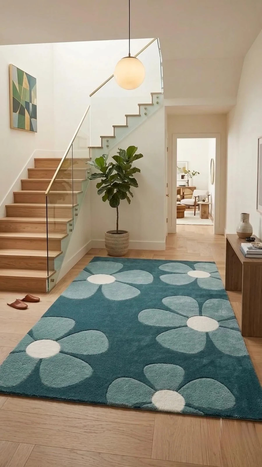 Hand-Tufted Wool Rug Teal Blue Floral Carved Living Room Carpet Handmade Designe
