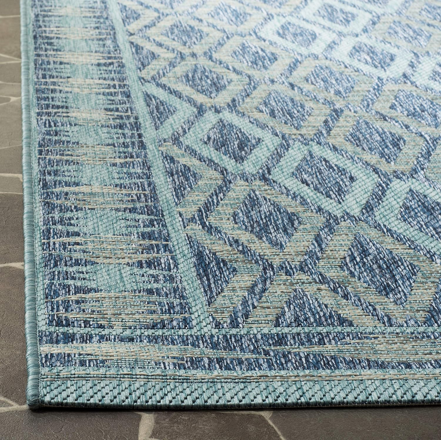 Washable Rug Outdoor Courtyard Collection – 2’3″ X 6’7″ Runner, Navy & Aqua Blue