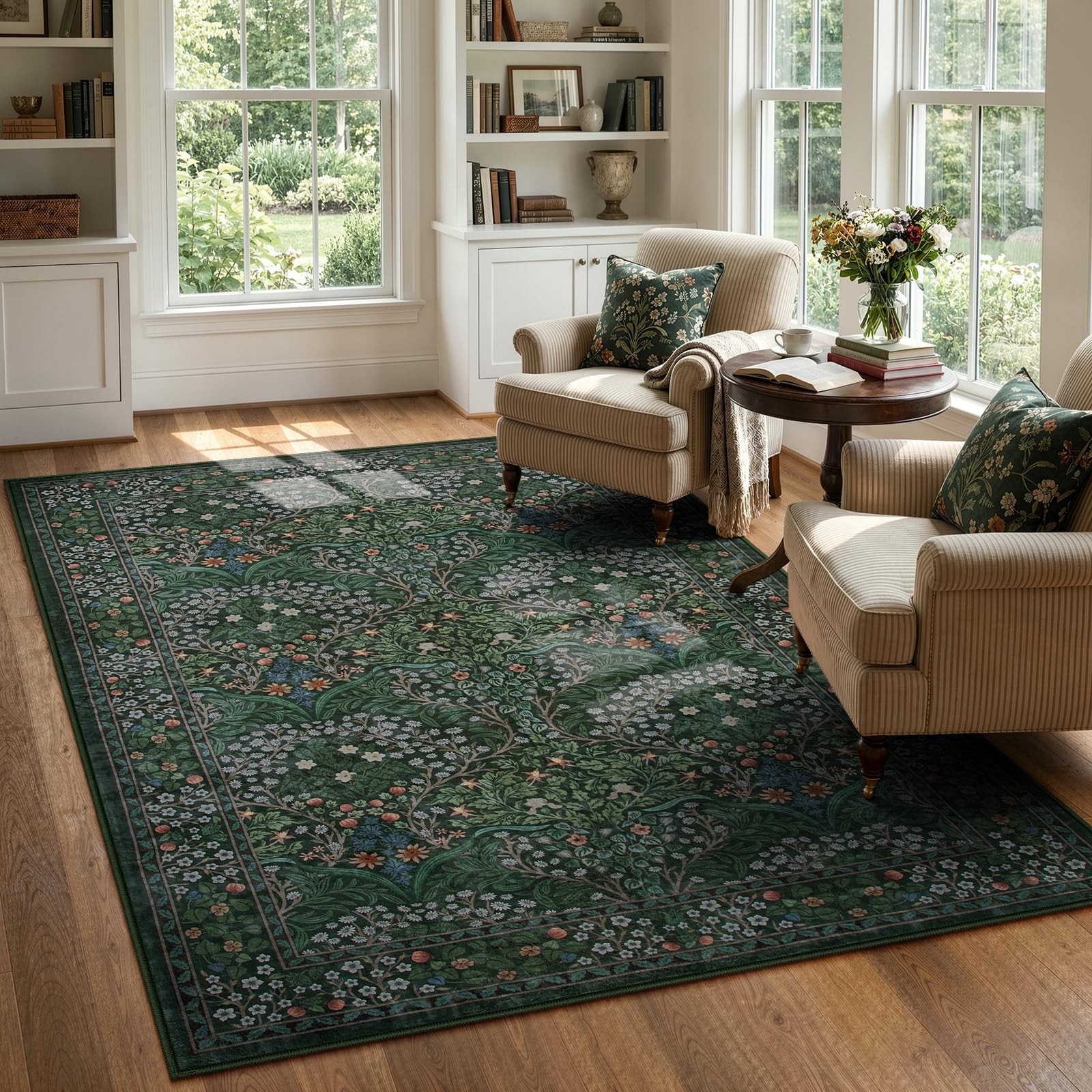 Dark Green Rugs 5×7, Soft Washable Rugs for Bedroom Reading Corner, Boho Non …