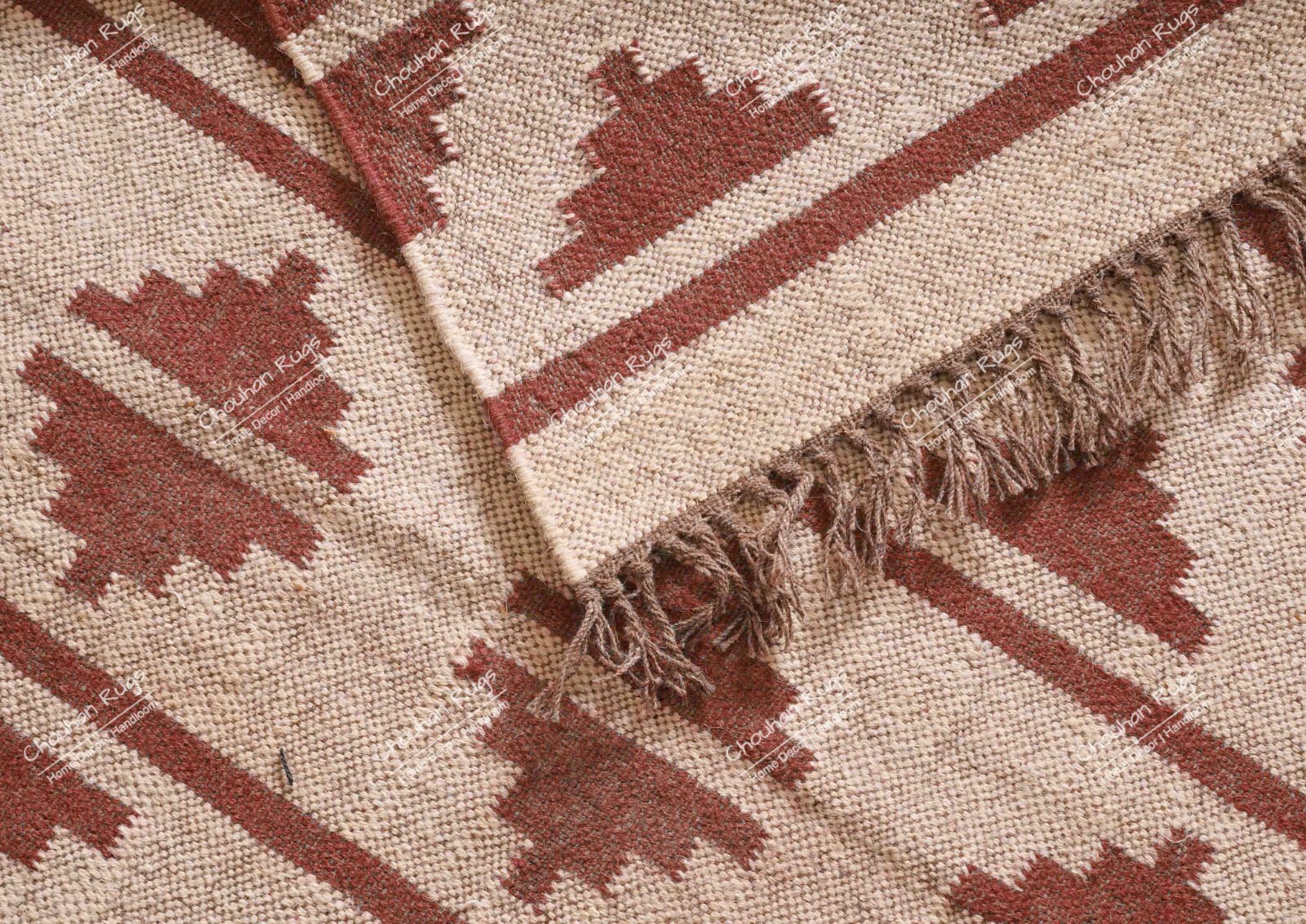 Handmade Boho Wool Jute Kilim Rug, Off White With Brown Design, Fringes Jute Rug