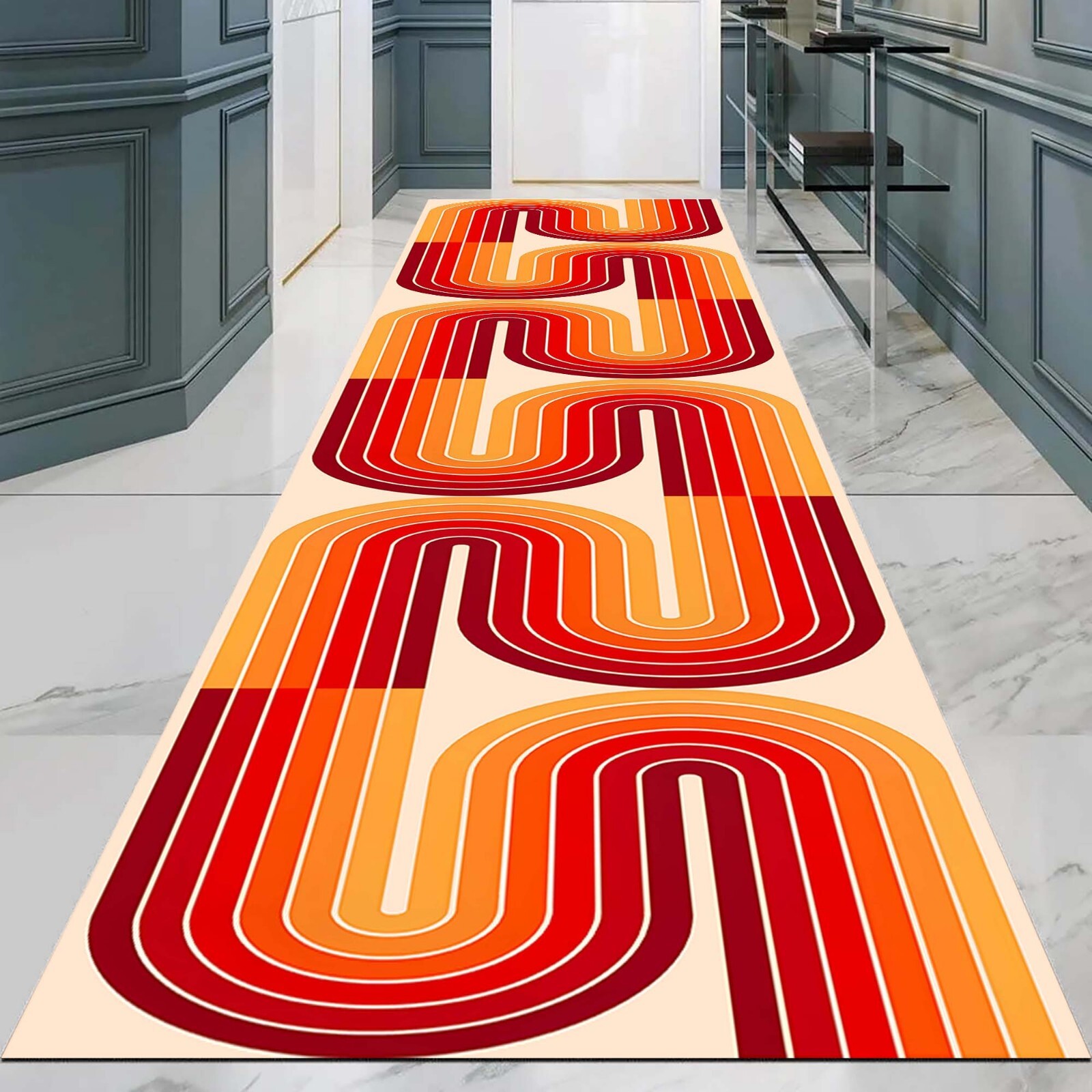Retro Hallway Runner, 70s Style Rug, Colorful Floor Mat, Wavy Line Carpet, Mid